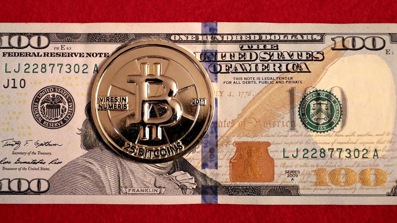 A $100 Federal Reserve note with a gold Casascius bitcoin coin on it — the September jobs report miss, October's collapsed rate-hike odds and Bitcoin's $87,220 rejection