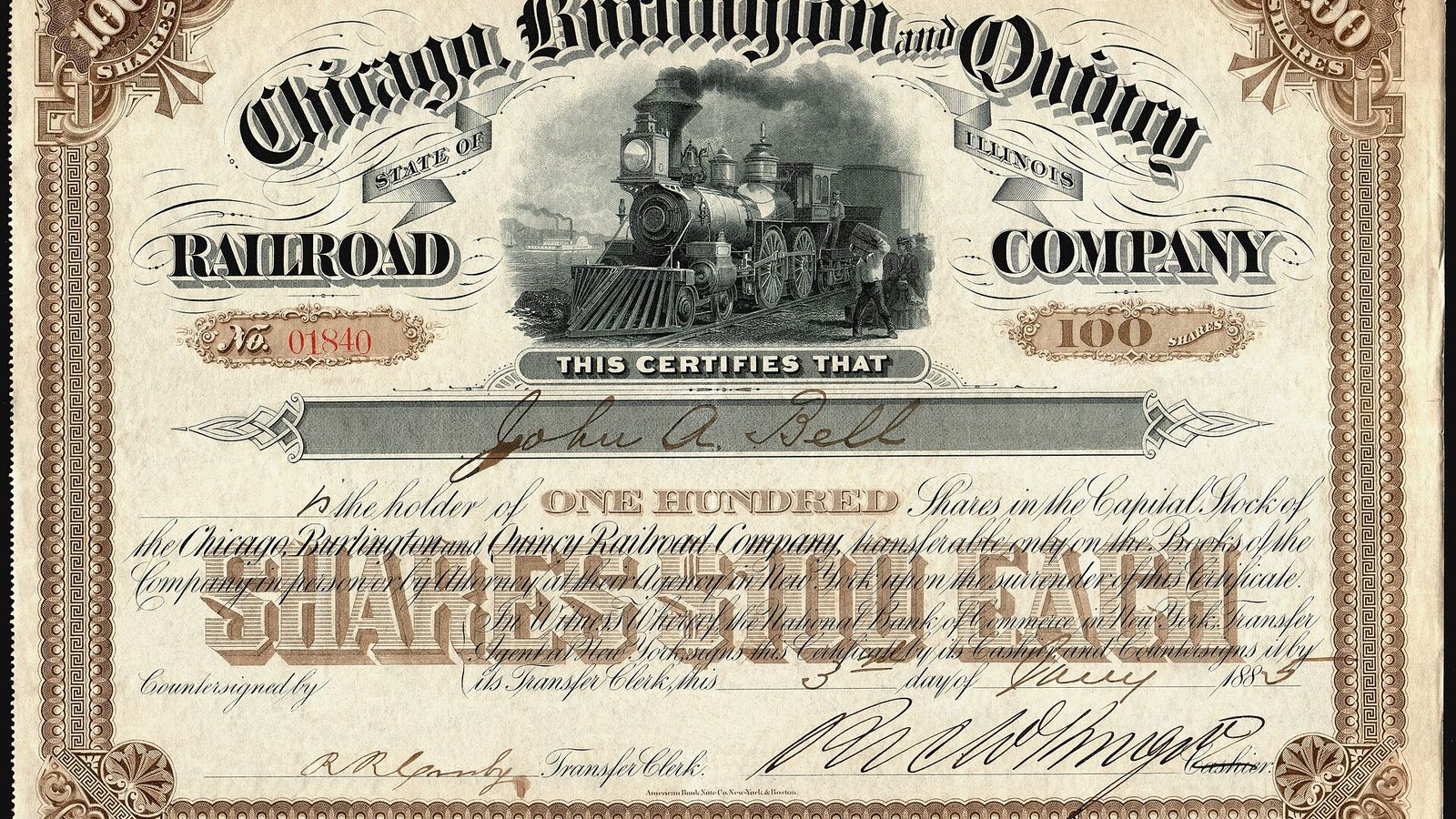 A 19th-century Chicago, Burlington & Quincy Railroad share certificate for 100 shares at $100 each — the paper share register that tokenized-equity venues want to move onchain, and that 16 U.S. issuers have blocked on OKXICE