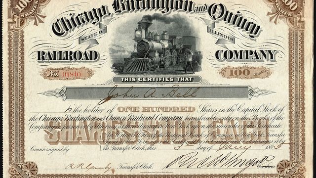 A 19th-century Chicago, Burlington & Quincy Railroad share certificate for 100 shares at $100 each — the paper share register that tokenized-equity venues want to move onchain, and that 16 U.S. issuers have blocked on OKXICE