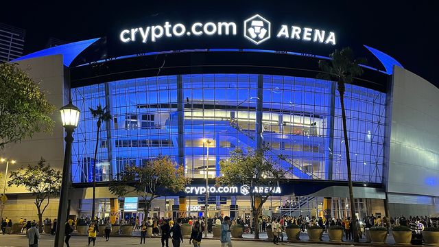 Crypto.com Arena exterior signage at night — Cronos routes 100% of Ult app revenue into CRO buybacks while 1.17 billion CRO vests from the Strategic Reserve
