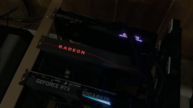 A multi-GPU cryptocurrency mining rig running with RGB lighting — Zcash AI Miner review, thirty days of Zcash mempool mining in a browser tab