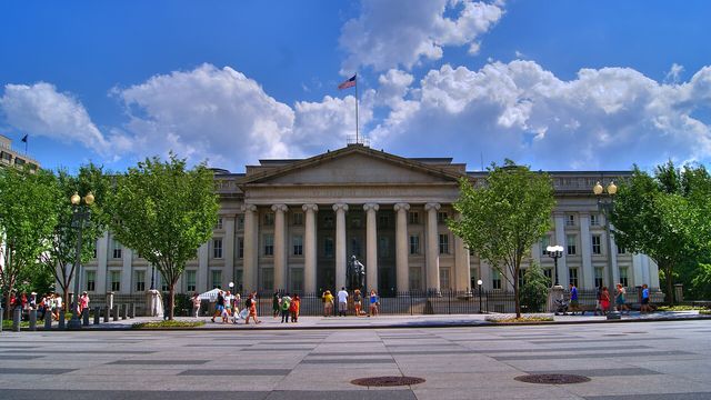 The US Treasury Building in Washington DC — the DTCC's DTC tokenization service is bringing US Treasury securities on-chain on the Canton Network