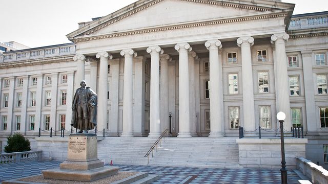 The United States Treasury building in Washington DC — the CFTC's mass tokenization agenda and the SEC's tokenized stock exemption after the CLARITY Act failed in the Senate
