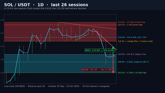 SOL/USDT daily structure map on a dark background: the blue close line with high-low wicks over the last 26 sessions, the shaded 116.32-124.95 distribution band that broke on 7-8 October, the shaded 102.05-110.39 retrace zone, the red descending rail from 124.95 to 123.76 and the waterfall rail from 122.08 to 116.81 extended right, the green rising floor from 116.73 to 119.59 that cracked, dashed levels at 124.95, 123.76, 118.08, 116.32, 110.39, 106.95 and 102.05, a price ladder and green and red projection arrows.