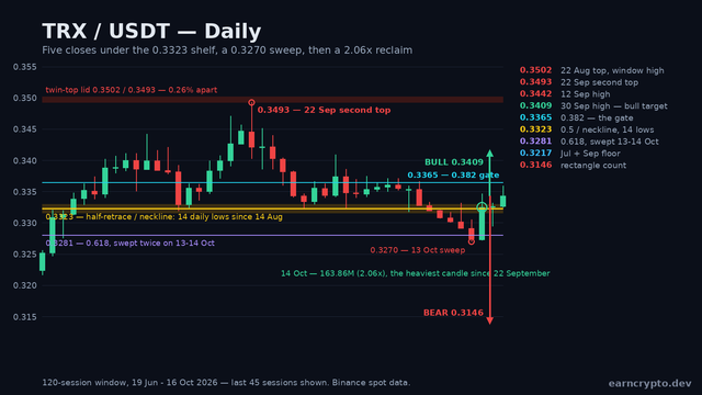 TRX/USDT daily candlestick chart over the 120-session window showing the 0.3502 and 0.3493 twin top, the 0.3323 half-retrace shelf reclaimed on the 2.06x 14 October candle, the 0.3270 sweep low and the 0.3365 gate — EarnCrypto technical analysis
