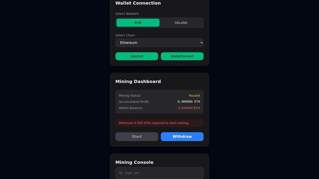 Multi-AI Miner dashboard showing mining console and chain selection