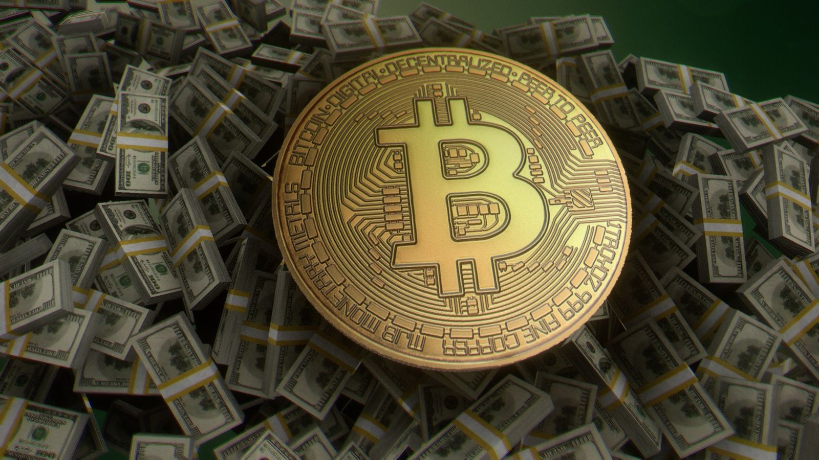 A gold physical bitcoin coin resting on bundles of US hundred-dollar notes — bitcoin trading below the average US spot ETF cost basis of $81,500