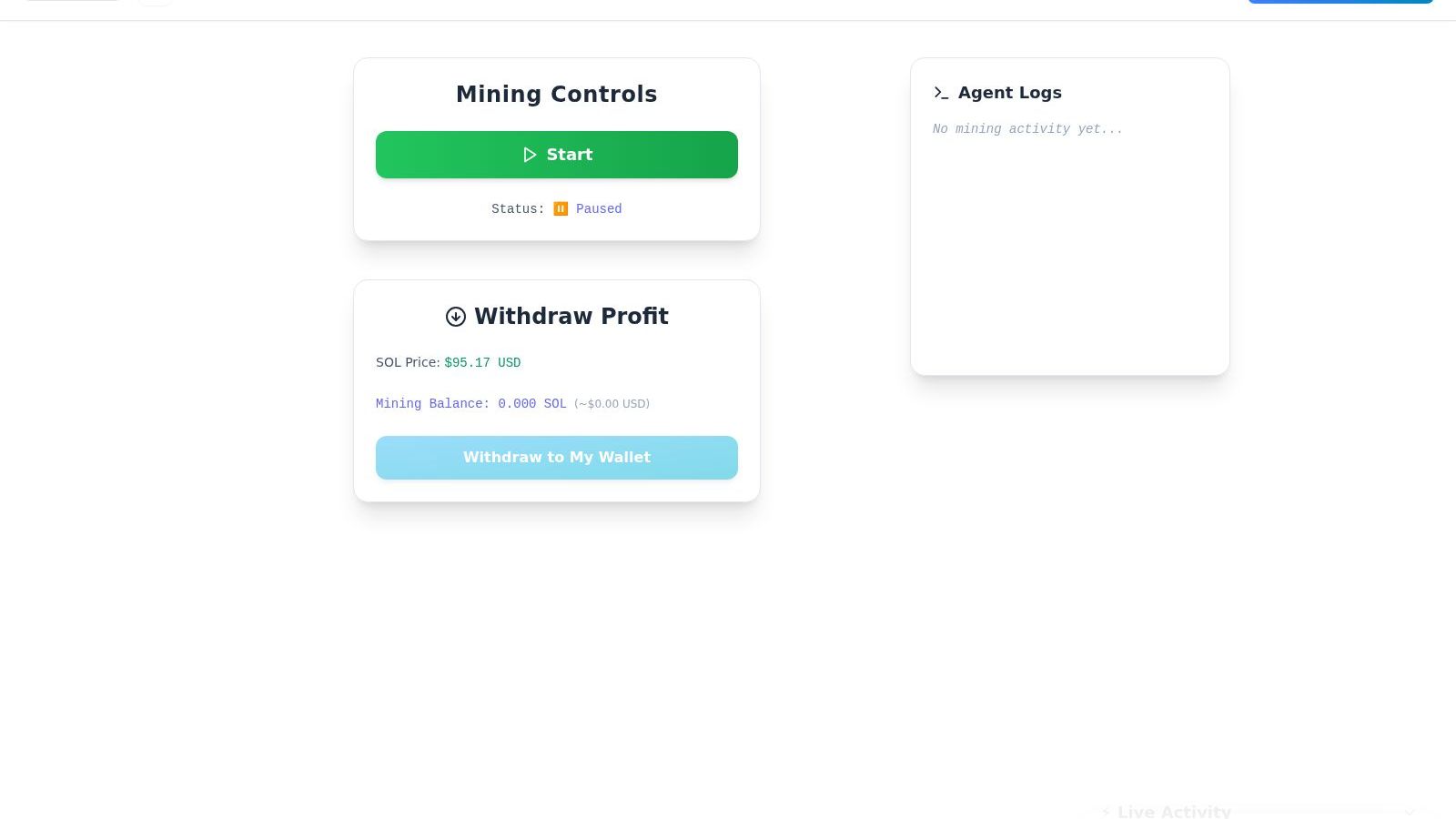 AI SolMiner mining dashboard with live SOL withdrawal feed