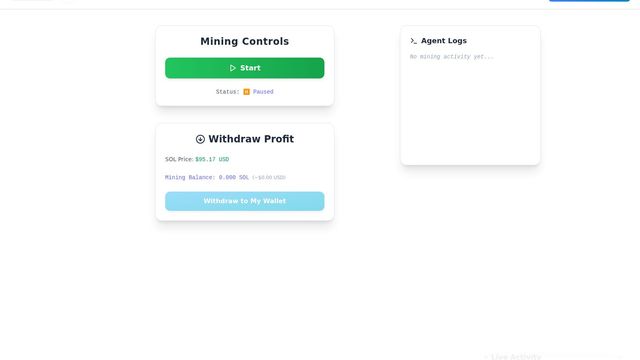 AI SolMiner mining dashboard with live SOL withdrawal feed